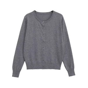 Classic dark grey knit cardigan sweater with round neck and button front closure