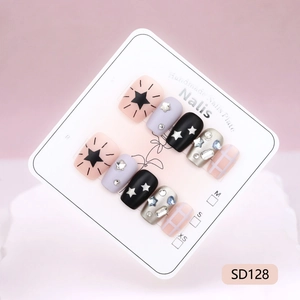 Handmade sweet cool style press-on nails with pink grid and glitter star designs