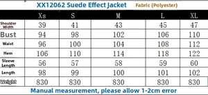 Detailed size guide table for suede effect jacket showing chest and length measurements