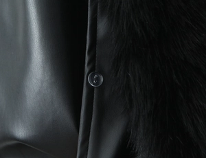 Close-up of black leather coat texture featuring a fluffy fur collar and a clear button