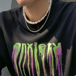 Men's double layer necklace featuring pearls and rhinestone chains with streetwear design