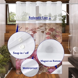 Detail view of waterproof shower curtain with snap-in liner and magnetic weighted hem
