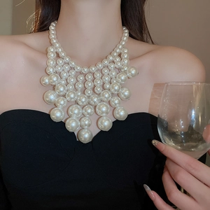 Exaggerated multi-layer pearl necklace set shown on a model in a sophisticated indoor setting