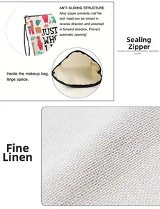 Detailed views of linen makeup bag with alpaca print, featuring smooth alloy zipper