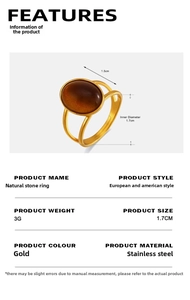 Detail view of a gold stainless steel ring with an oval brown stone inlay and dimensions