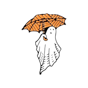Cartoon Halloween ghost enamel pin with orange umbrella made of painted zinc alloy