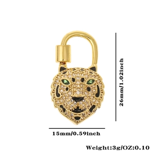 Detailed dimensions of gold leopard charm with cubic zirconia and green gem eyes
