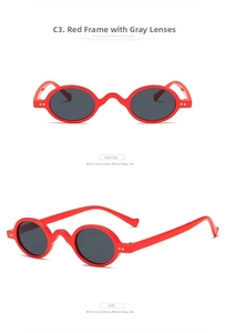 Front and side views of steampunk vintage small oval sunglasses with red frames and grey lenses