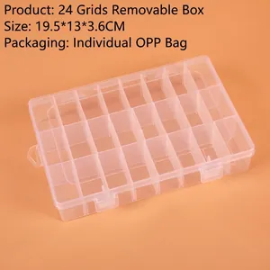 Detail view of 24-grid transparent plastic storage box with adjustable compartments