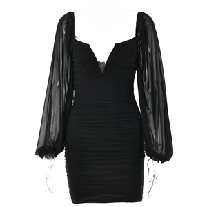 Sexy black bodycon dress with deep V-neck, ruched texture and sheer mesh lantern sleeves