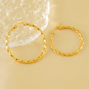 18K gold plated stainless steel hoop earrings with textured wave design for women