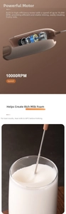 Cross-section of 10000RPM motor and handheld frother stirring milk in a glass cup