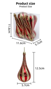 Detailed view of red and gold striped Christmas drop ornaments with product dimensions