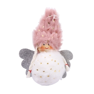 Plush Christmas angel ornament with silver wings and pink hat for festive tree decoration