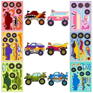 6-pack monster truck DIY cartoon stickers for kids with racing off-road puzzle designs