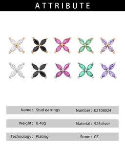 Detailed 925 sterling silver stud earrings with colorful zircon flowers and specs chart