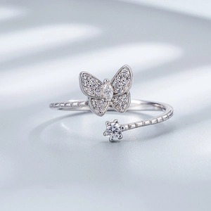 Minimalist S925 sterling silver butterfly open ring featuring pavé set cubic zirconia