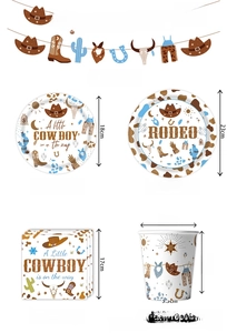 Western cowboy party set showing 18 banners, 20 plates, 20 napkins and 10 cups