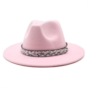 Pink wool felt fedora hat with snakeskin print band and gold stud accent for women