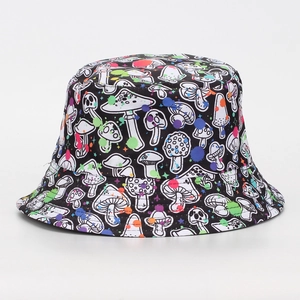 Detailed view of colorful mushroom ink splatter pattern on a black fashion bucket hat