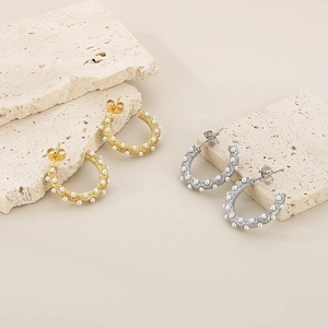 Vintage C Shape Hoop Earrings 316L Stainless Steel With Shell Artificial Pearl Textured Design Elegant Jewelry For Women