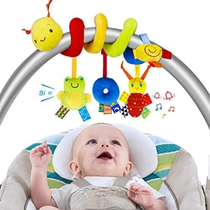 Colorful spiral baby stroller toy with hanging plush frog, bee and sensory rings