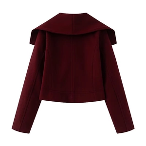 Rear flat lay of burgundy wool blend jacket featuring a wide lapel collar and clean cut