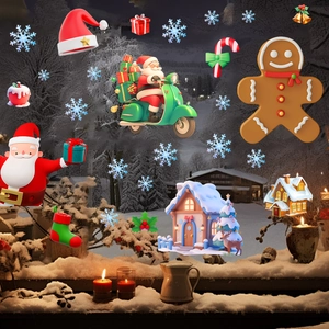 Detailed Christmas window decals showing Santa on a motorcycle and cozy winter cabin scenery