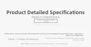 Detailed size specifications for corduroy tote bag showing dimensions 38x11x34cm and structure