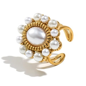 Elegant 18K gold plated stainless steel olive pearl open ring for women on white background
