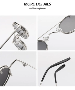 Detailed views of punk style silver metal frame with black lenses and durable hinges