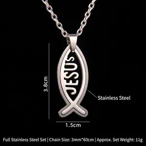 Polished stainless steel Jesus fish pendant necklace with cutout design and 60cm chain