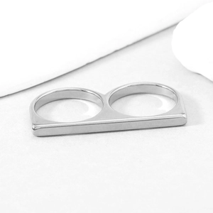 Punk style silver stainless steel double ring with minimalist rectangular hollow design