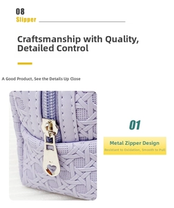 Detail of smooth metal heart zipper on purple textured makeup bag with cross pattern