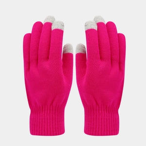 Close-up of rose pink knitted touchscreen gloves with conductive grey fingertips and ribbed cuffs