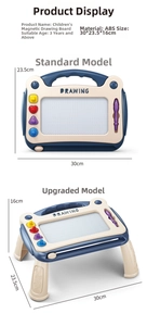 Vertical view of magnetic drawing boards for kids in blue and beige with size specs