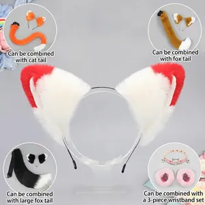 Handmade plush cat ears headband with red and white faux fur fox ears for cosplay