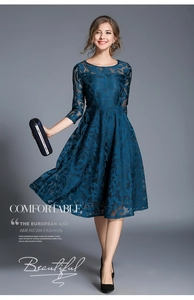 Detailed close-up of dark blue floral lace fabric on a slim-fit elegant midi dress