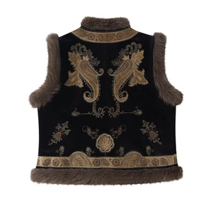 Exquisite black velvet vest with gold embroidery, beadwork and brown faux fur trim accents