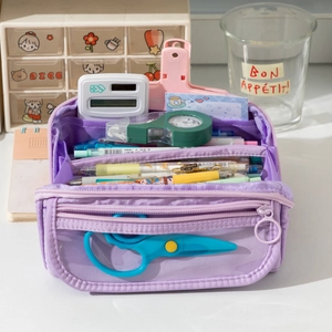 Large capacity purple stationery organizer bag with multi-layer storage and transparent window
