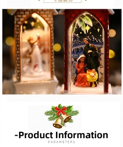 Close-up of LED glowing Christmas house ornaments featuring angel and nativity scenes