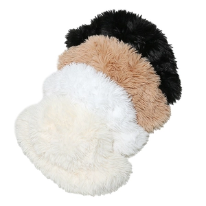 Detail showing plush faux fur texture and color options in black, tan, white, and beige