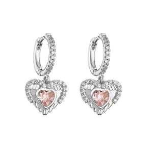 Detail of silver heart earrings with pink gemstones and angel wing crystal accents