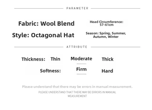 Size chart and fabric details for wool blend newsboy cap showing 57-61cm head circumference