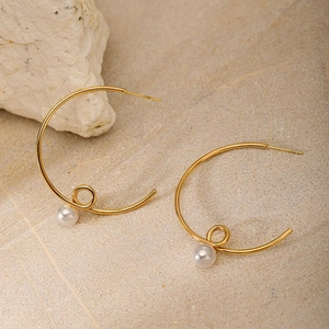 Twisted C Shape Hoop Earrings 18K Gold Plated Stainless Steel With Artificial Pearl Drop French Retro Fashion For Women
