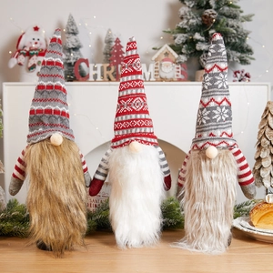Christmas gnome doll trio in red grey white with knit hats and long faux fur beards