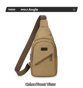 Front view of khaki canvas cross-body bag showing zipper pocket and SPORT leather patch