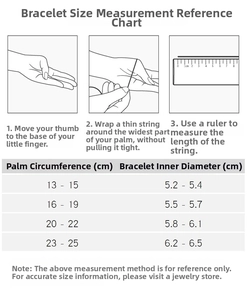 Size measurement guide for Mobius bangle showing palm circumference and inner diameter steps