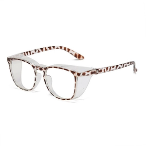 Tortoiseshell anti-blue light glasses with protective side shields on white background