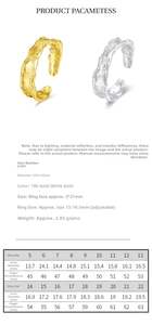 Size chart for S925 sterling silver adjustable rings showing dimensions and diameter